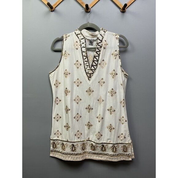 WDNY Top Womens size 14 beaded sequin linen blend tunic Boho Festival Artsy - Picture 1 of 6